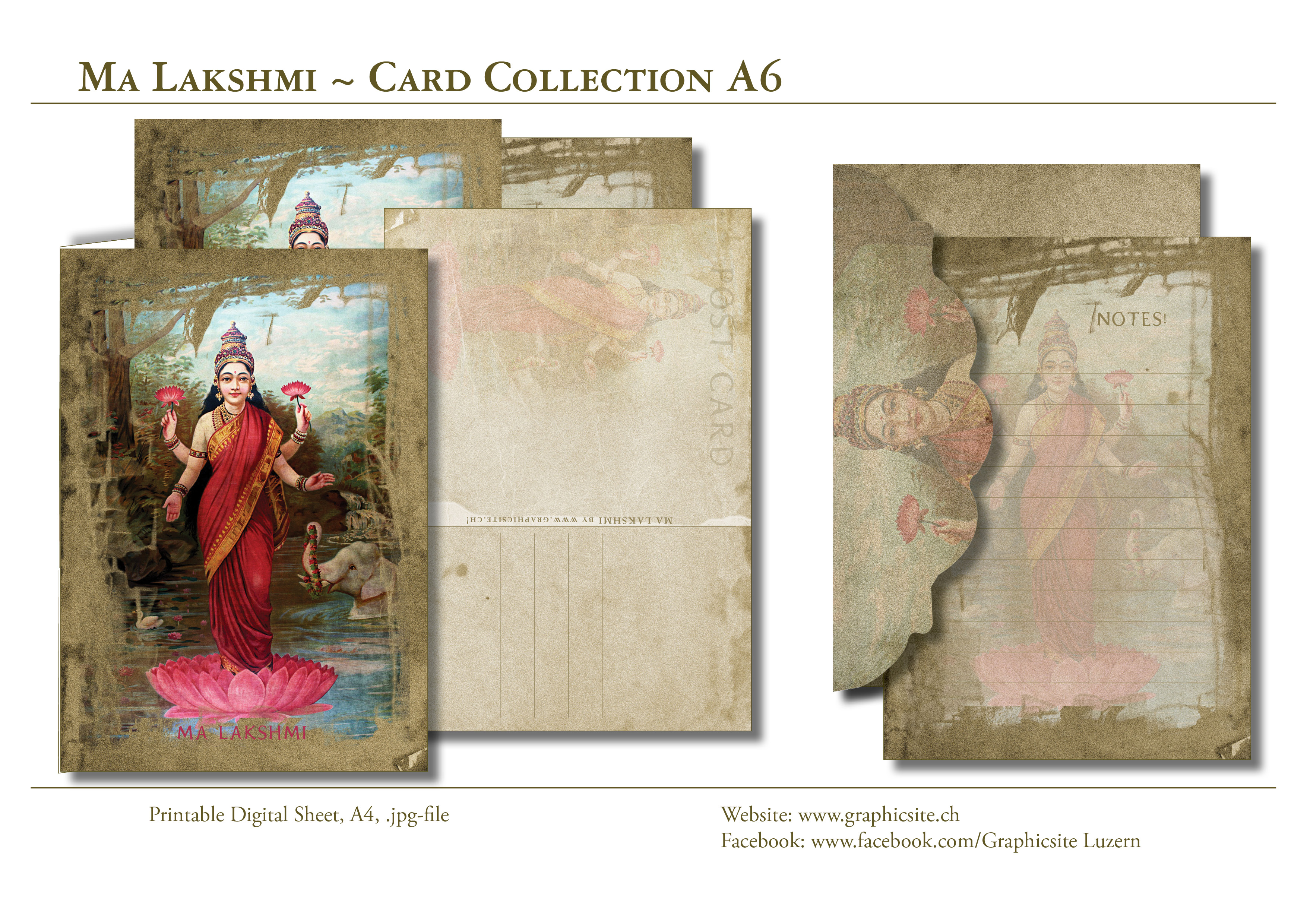 Printable Digital Sheets, Greeting Card, Postcard, India, Goddess, Lakshmi, Envelop, Graphic Design, Luzern
